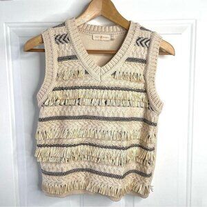 Tory Burch Women's Cream Jacquard Fringe Wool Sweater Vest Size XS